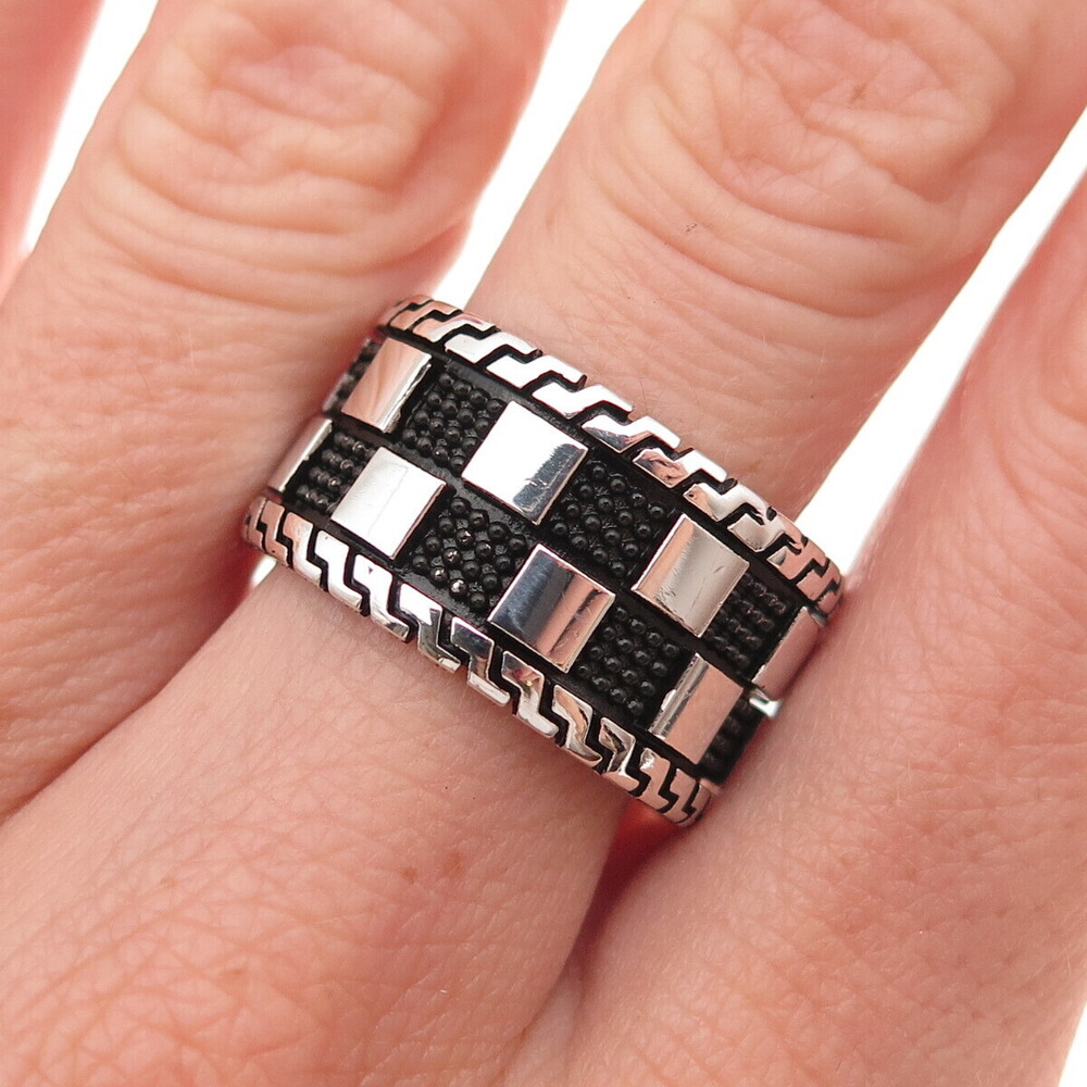 925 Sterling Silver Vintage Checkerboard Chess Band Ring Size 9.5